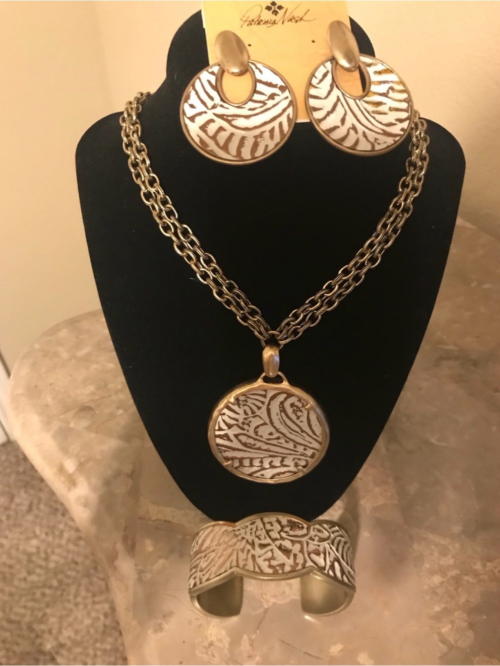 Patricia Nash Gold and White Etched Pendant Necklace, Earrings & Cuff Set